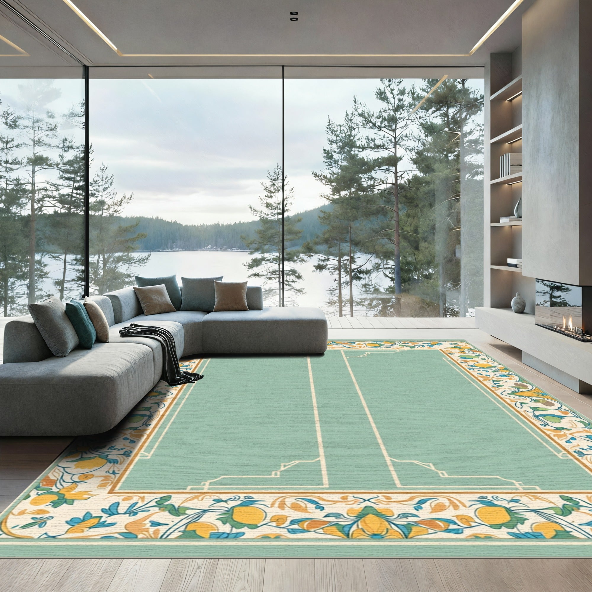 Ornate Golden Teal Floral Border Rug