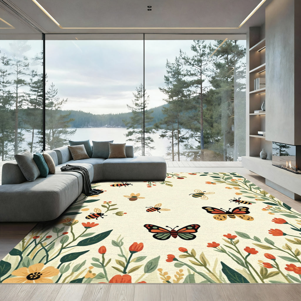 Whimsical Bumblebee Butterfly Garden Rug