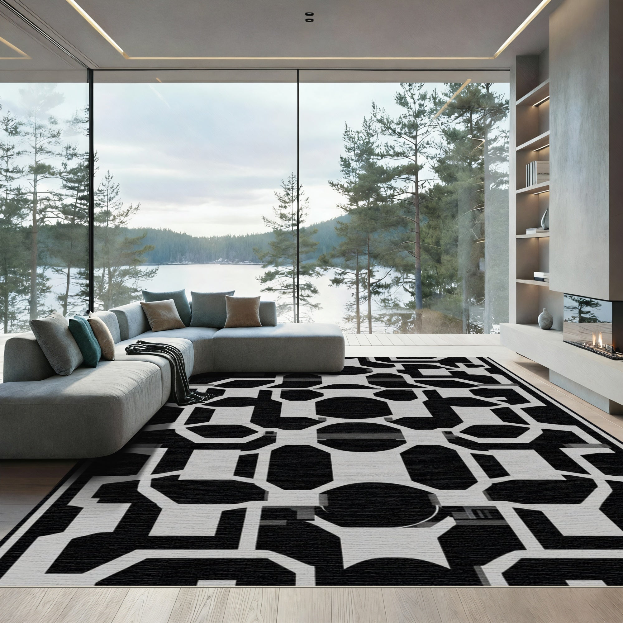 Black and Gray Abstract Geometric Maze Rug