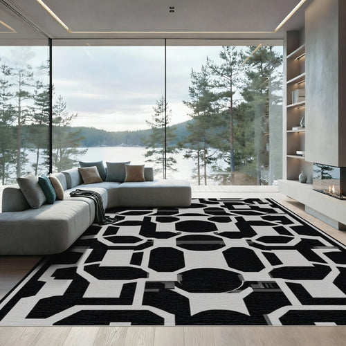 Black and Gray Abstract Geometric Maze Rug