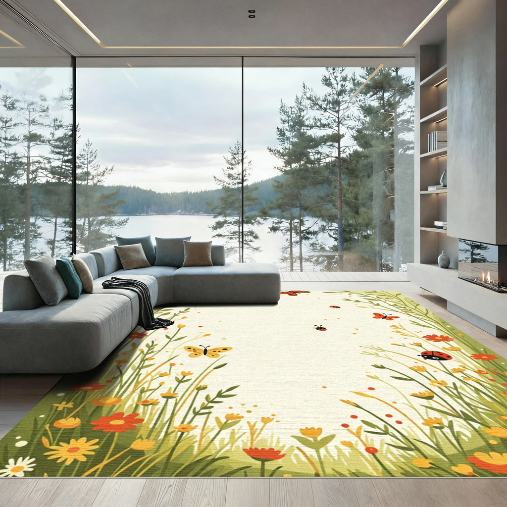 Whimsical Ladybug Butterfly Garden Meadow Rug