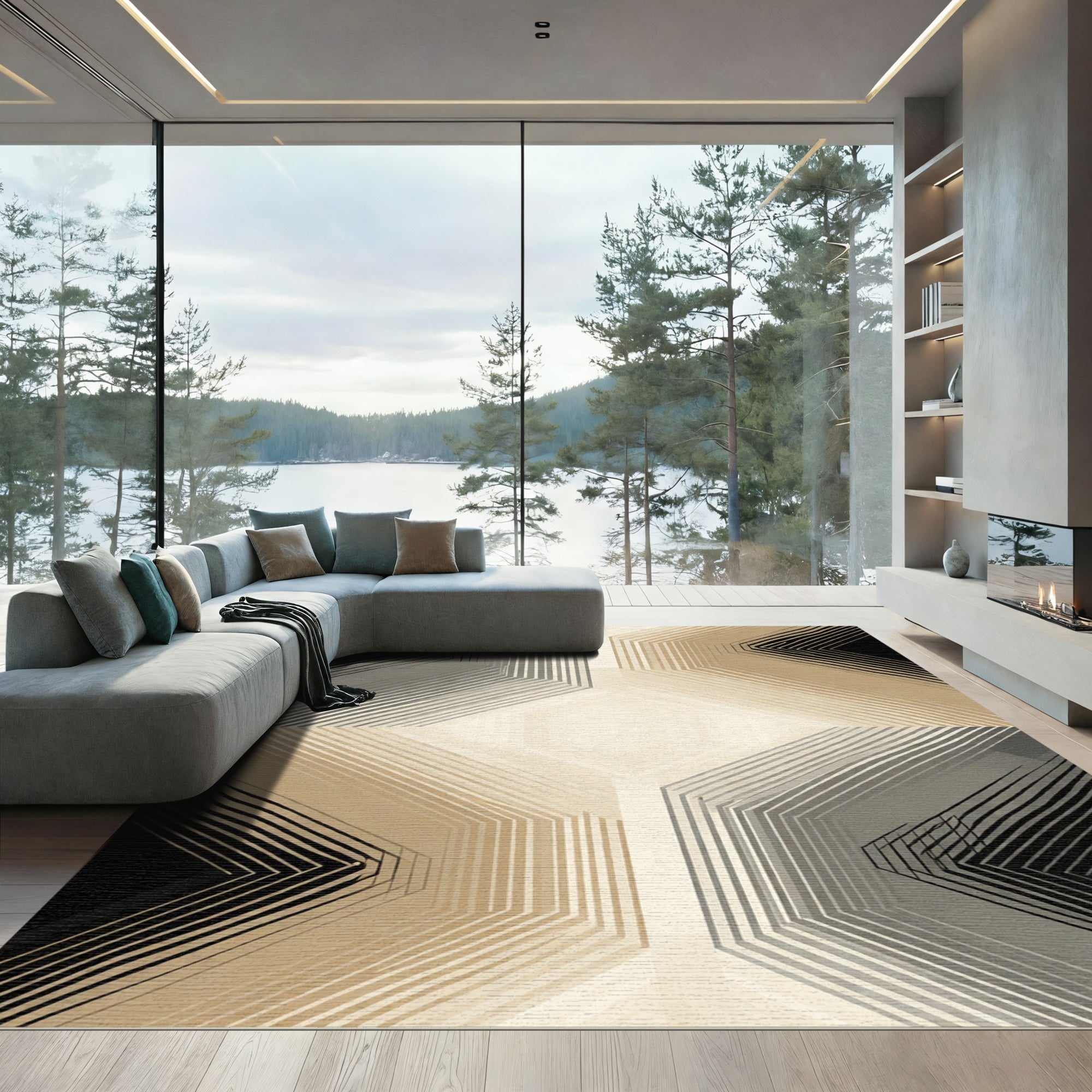 Modern Black Gold Geometric Hexagon Rug