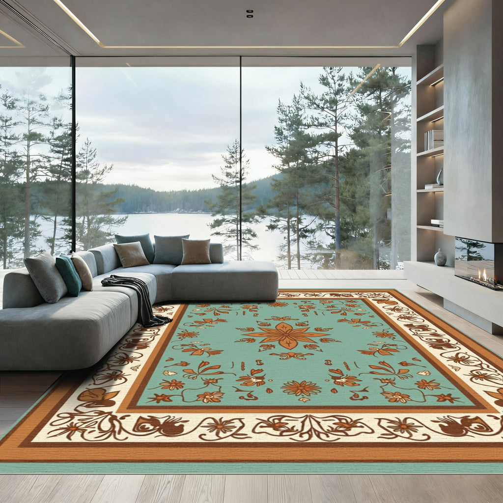 Turquoise Orange Floral Acanthus Border Rug