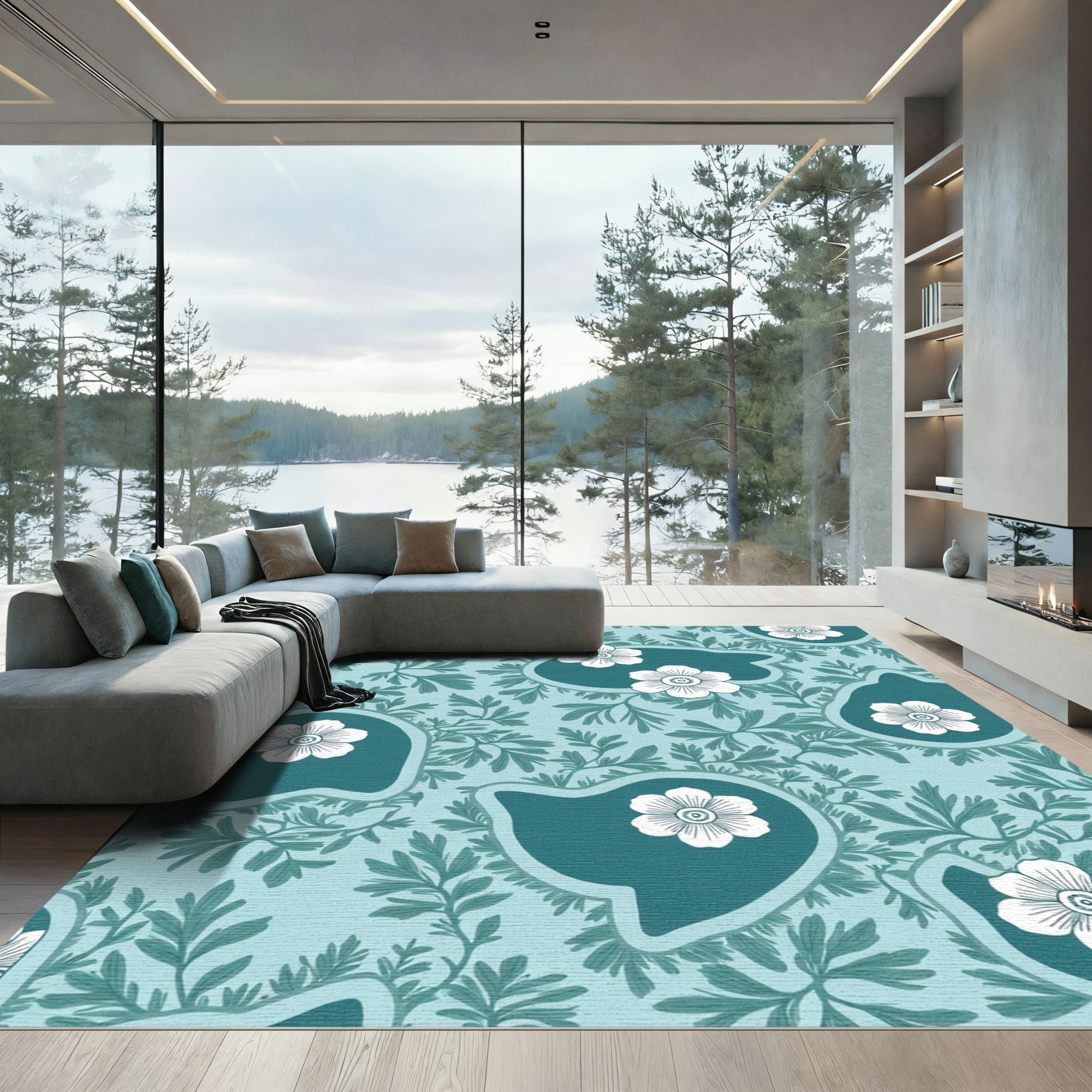 Teal Aqua White Floral Botanical Whimsical Rug