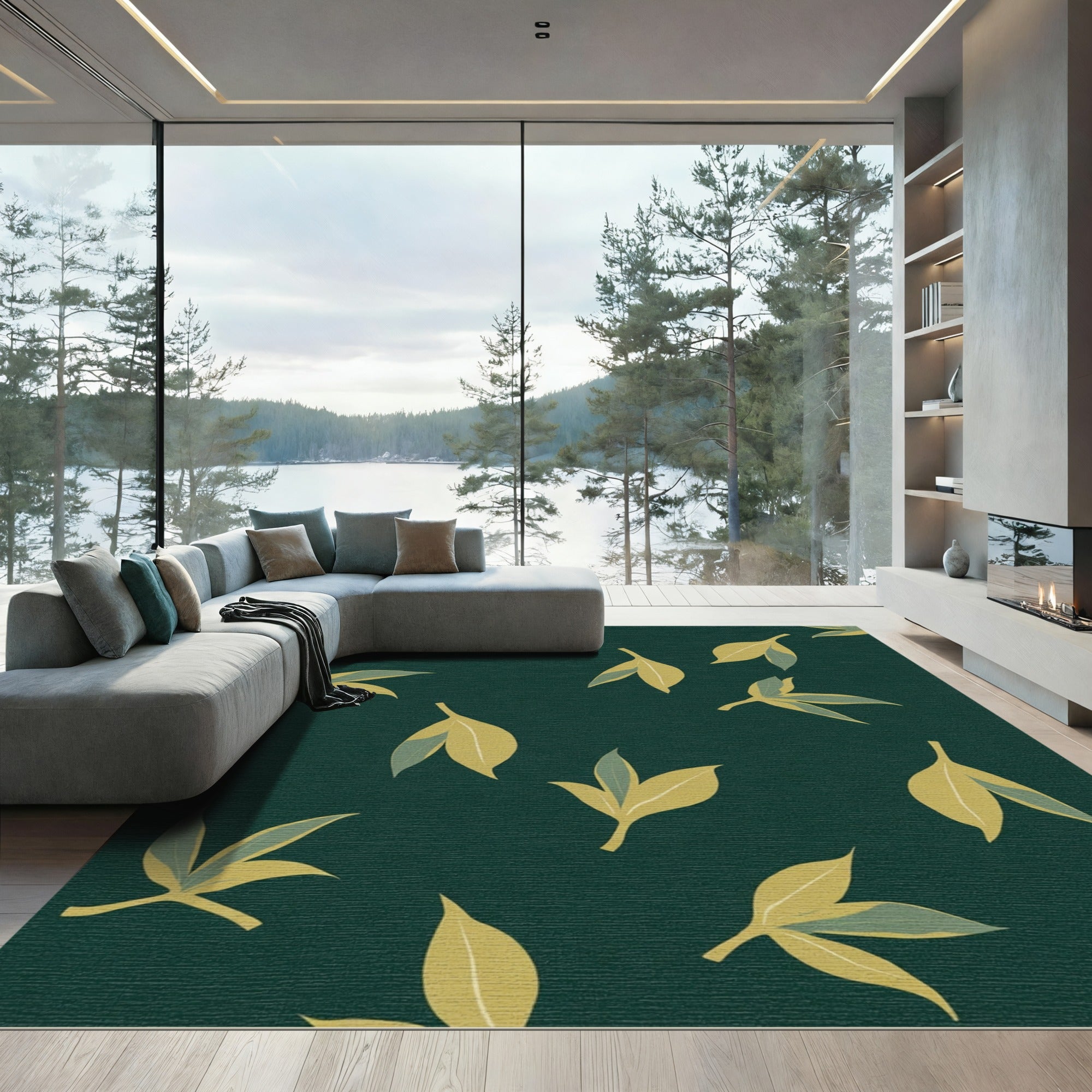 Deep Emerald Yellow Leaf Scatter Rug