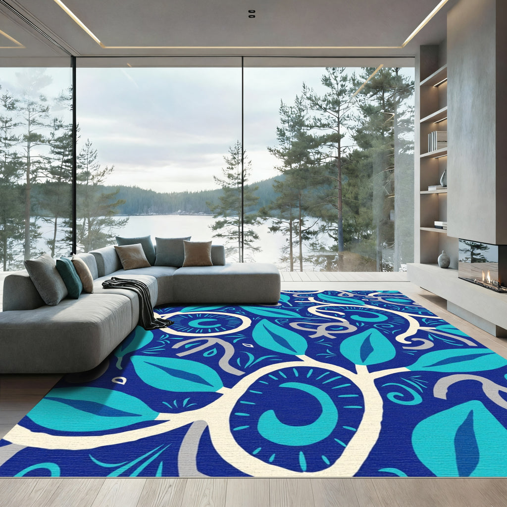 Deep Blue Teal Leaf Vine Harmony Rug