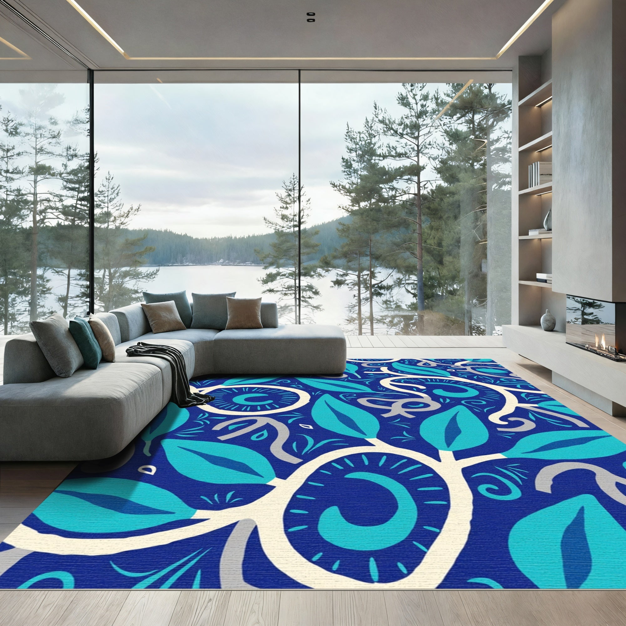 Deep Blue Teal Leaf Vine Harmony Rug