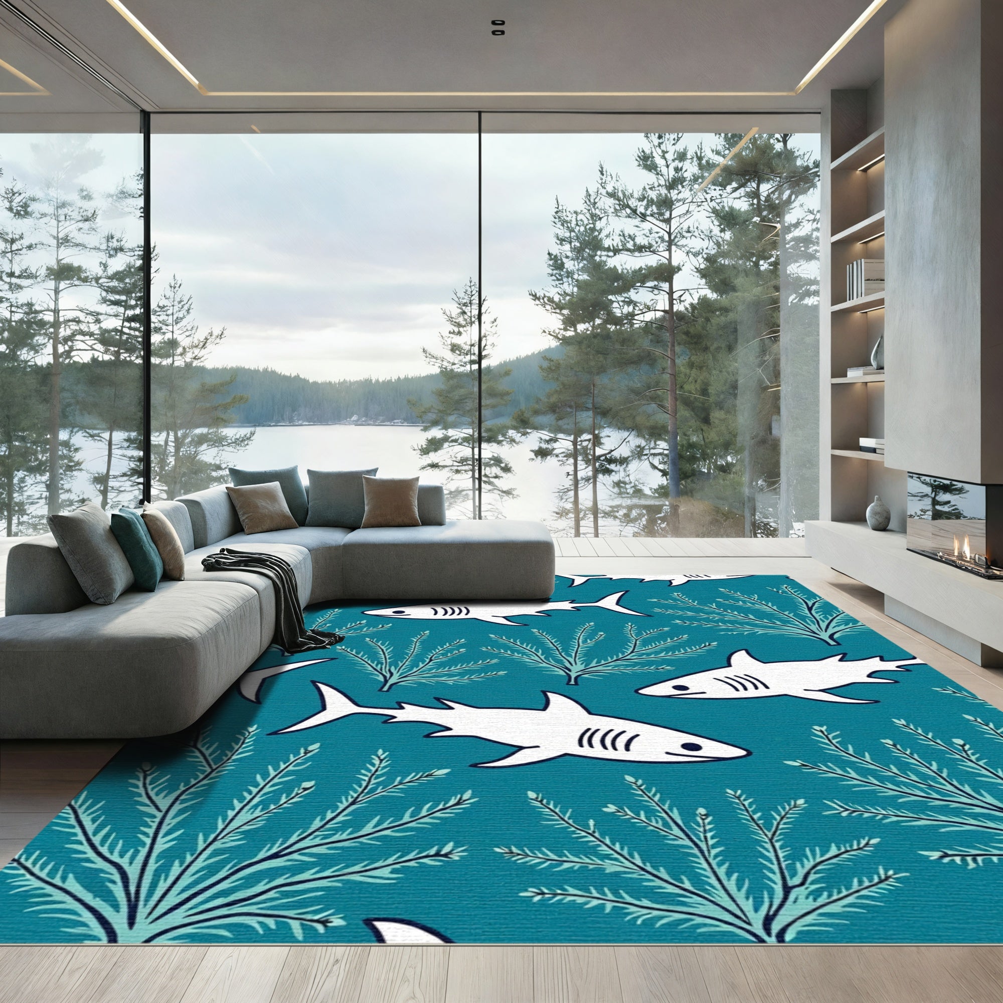 Teal White Shark Marine Life Rug