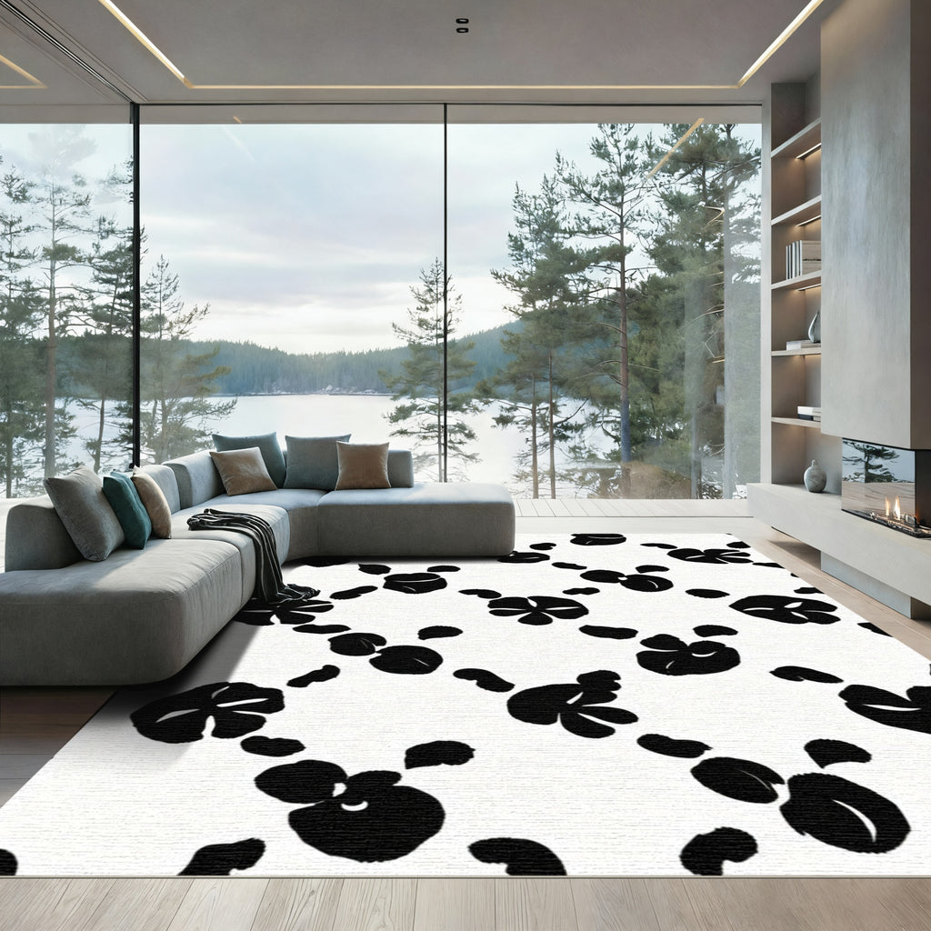 Black White Floral Scatter Rug