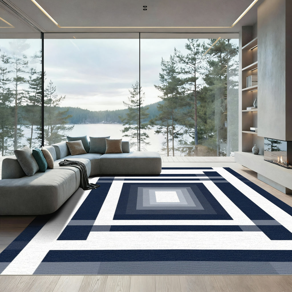 Navy White Geometric Concentric Squares Rug