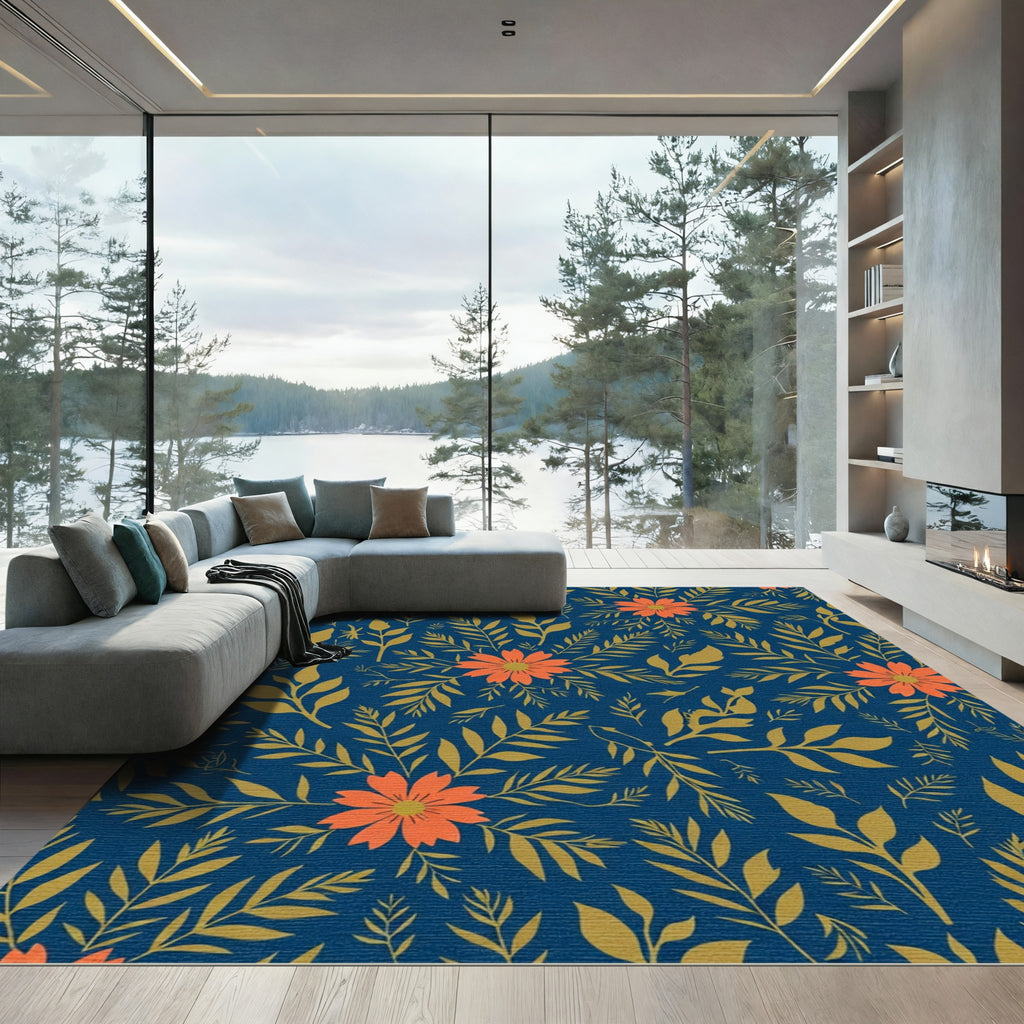 Navy Golden Floral Foliage Rug