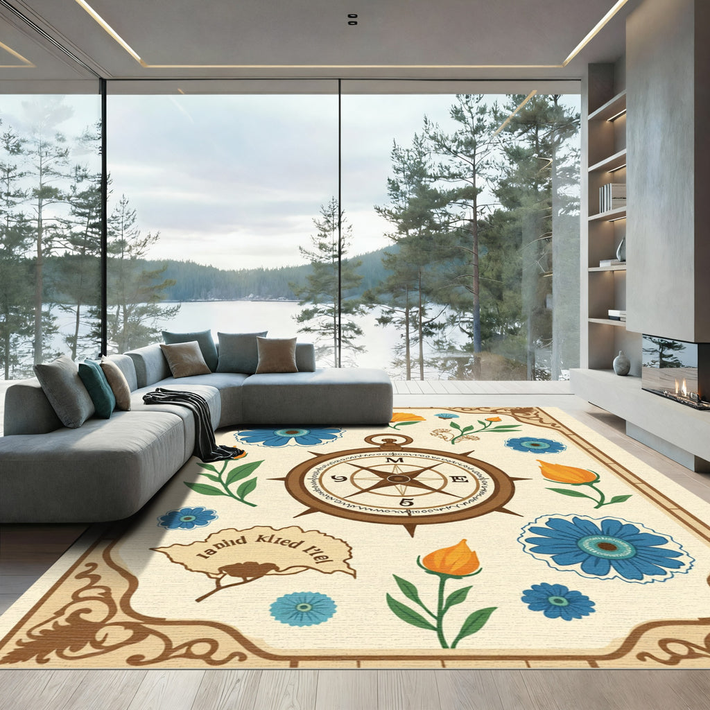Rustic Compass Floral Bloom Arrangement Rug