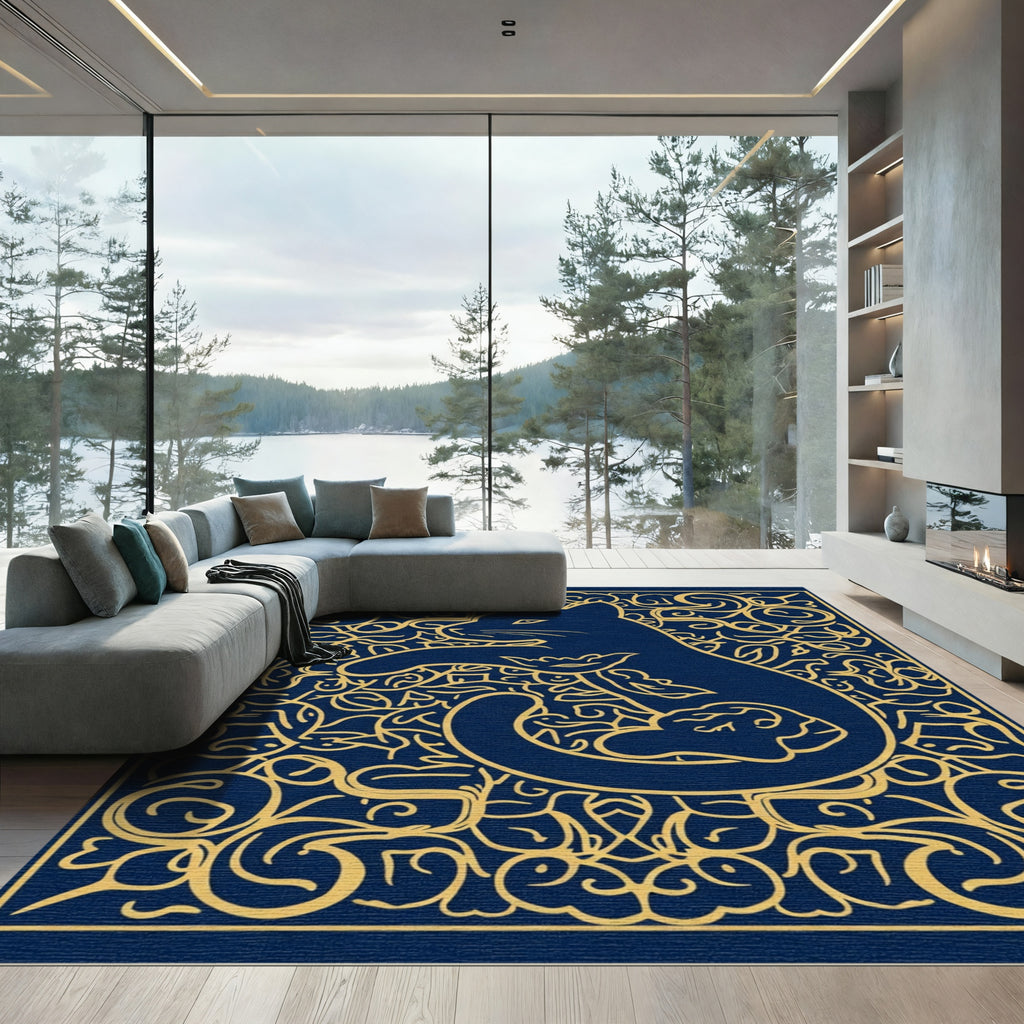 Regal Blue Golden Feline Ornate Rug