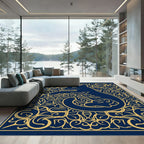 Regal Blue Golden Feline Ornate Rug