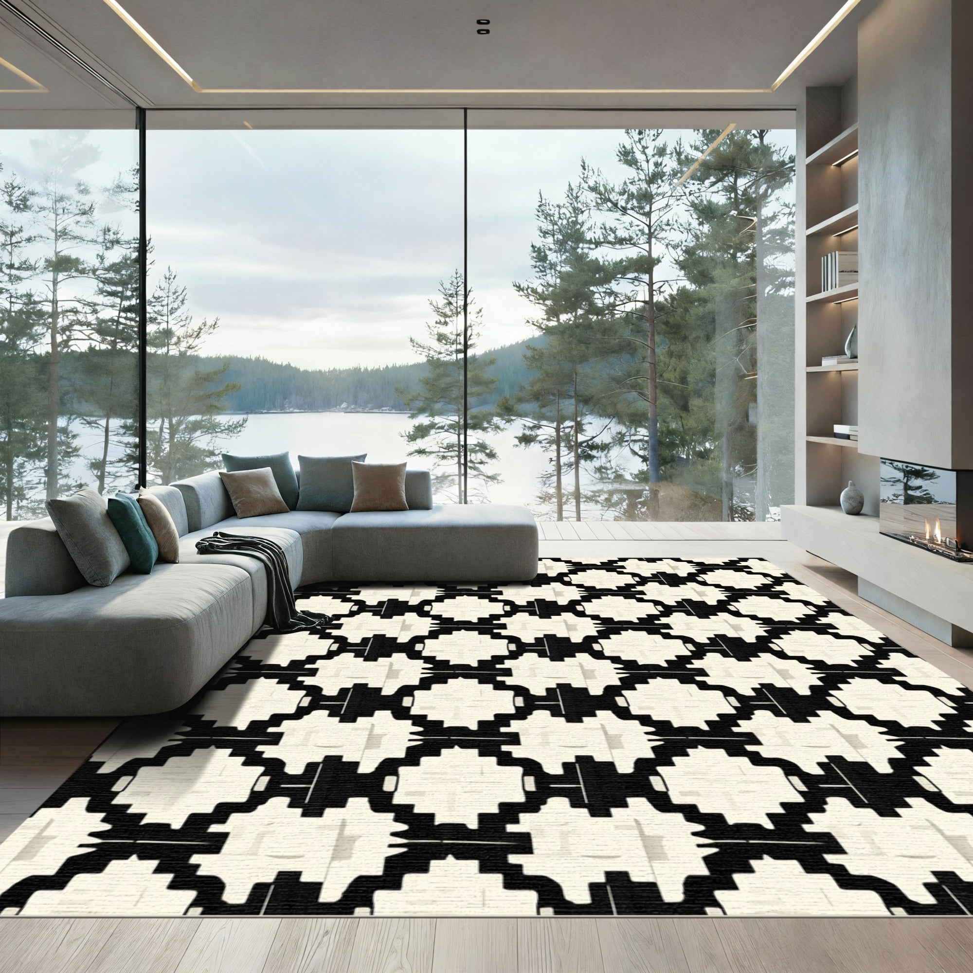 Cream Black Geometric Stair Motif Rug