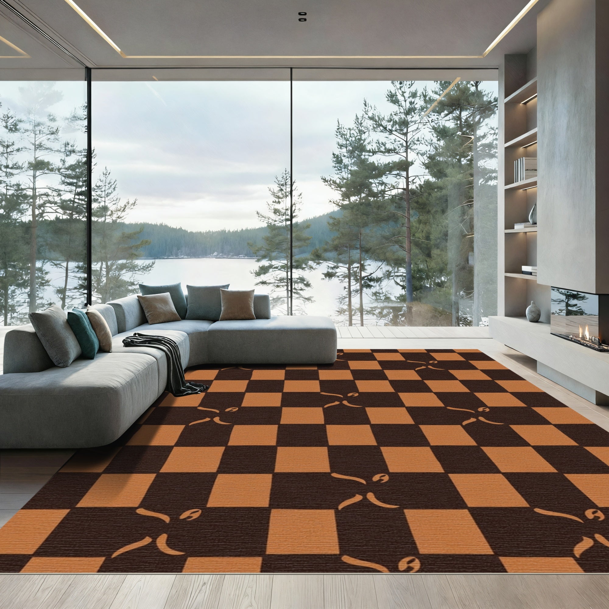 Brown Orange Checkered Figural Rug