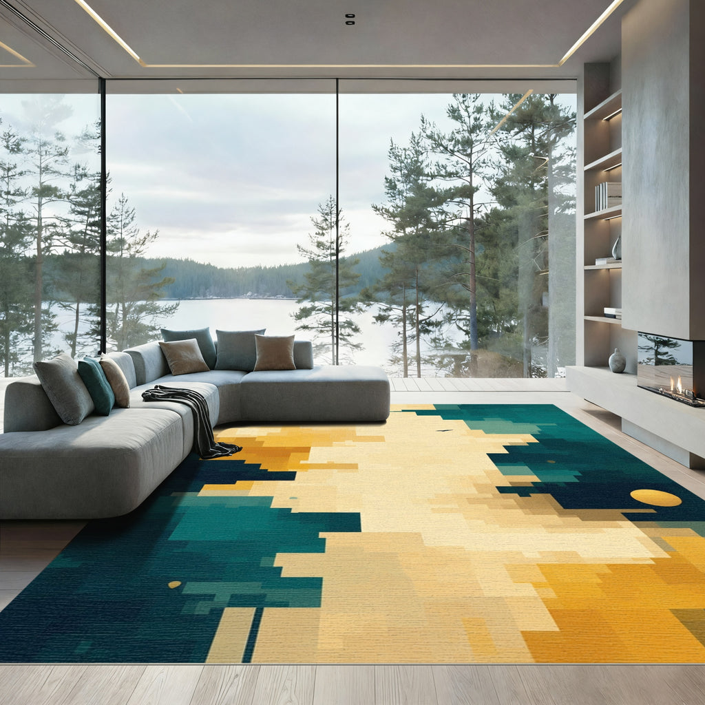 Gold Yellow Teal Pixel Horizon Rug