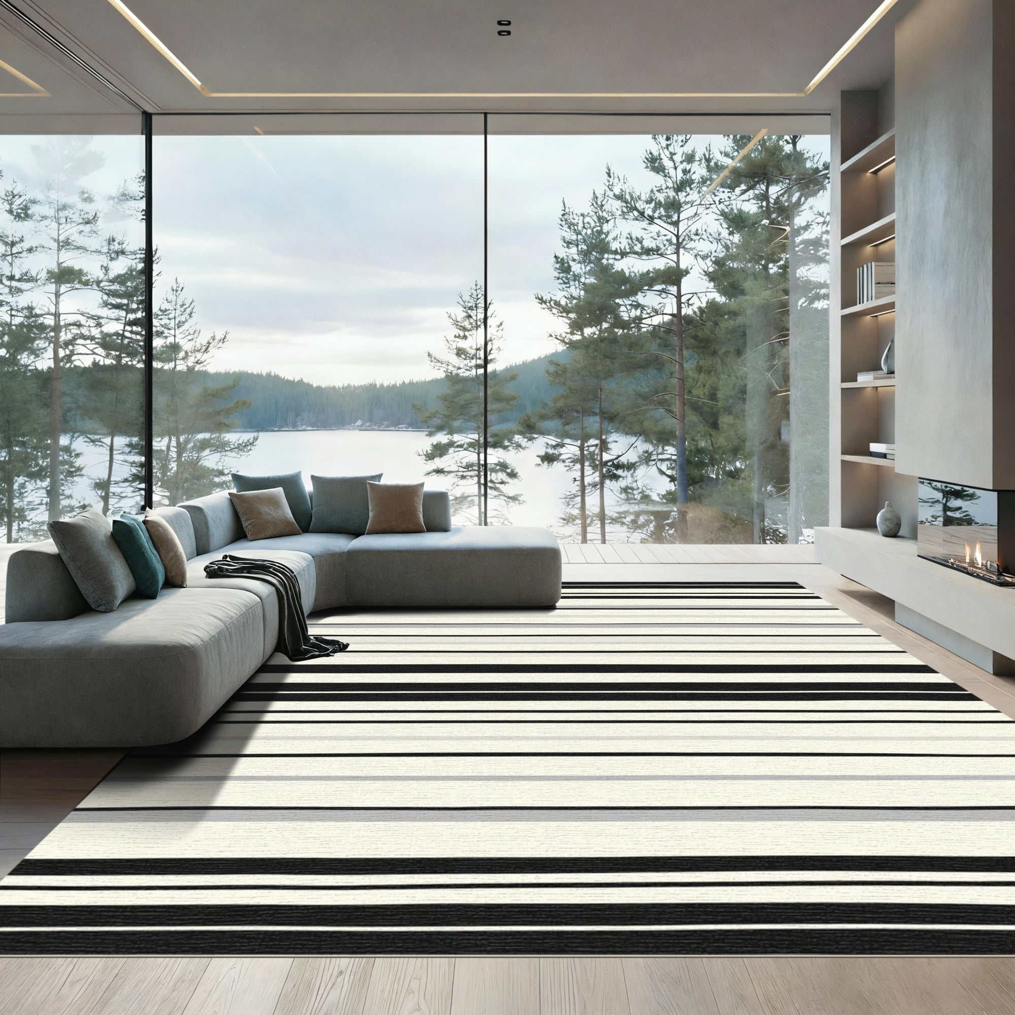 Modern Black Gray Cream Stripe Rug