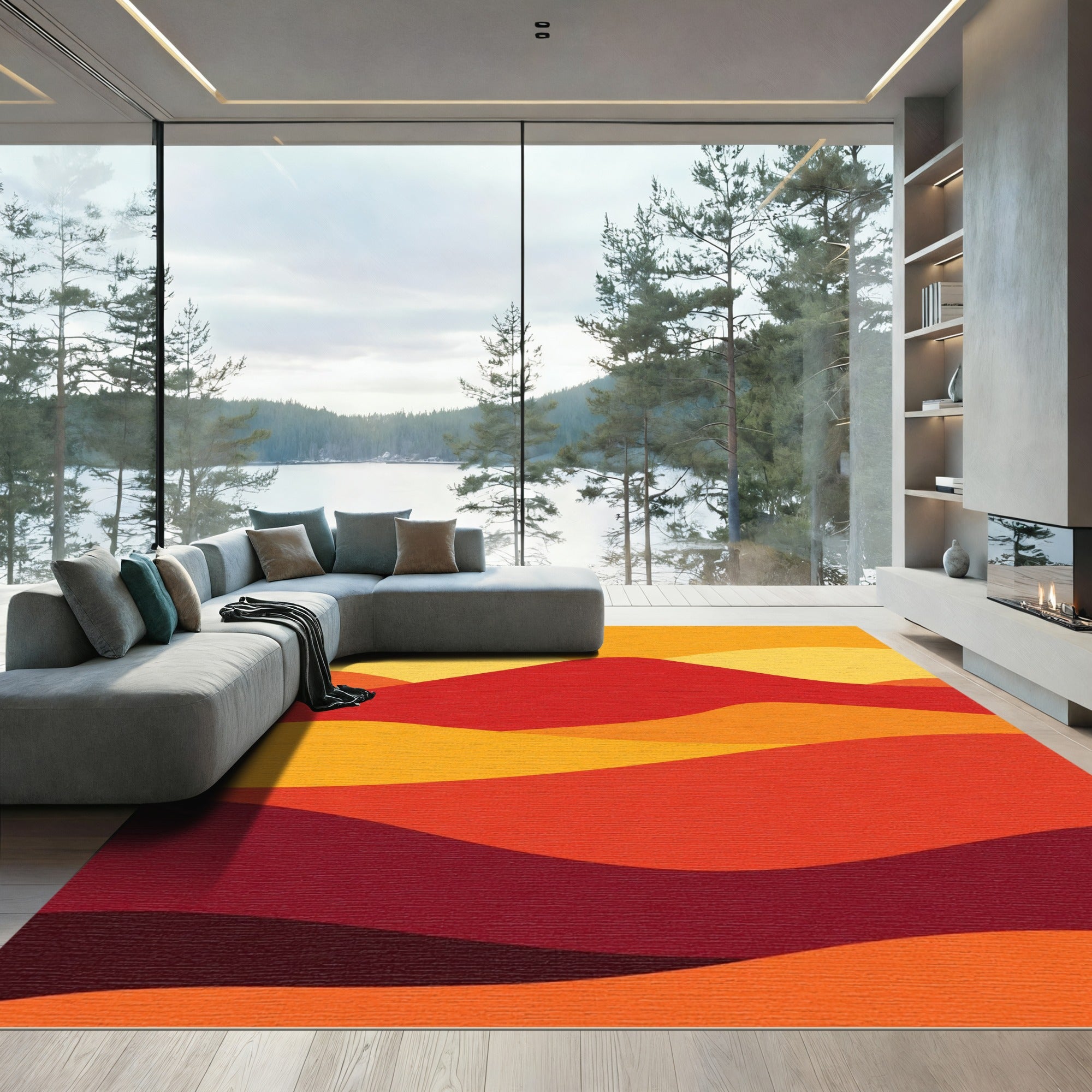Warm Crimson Abstract Waves Rug