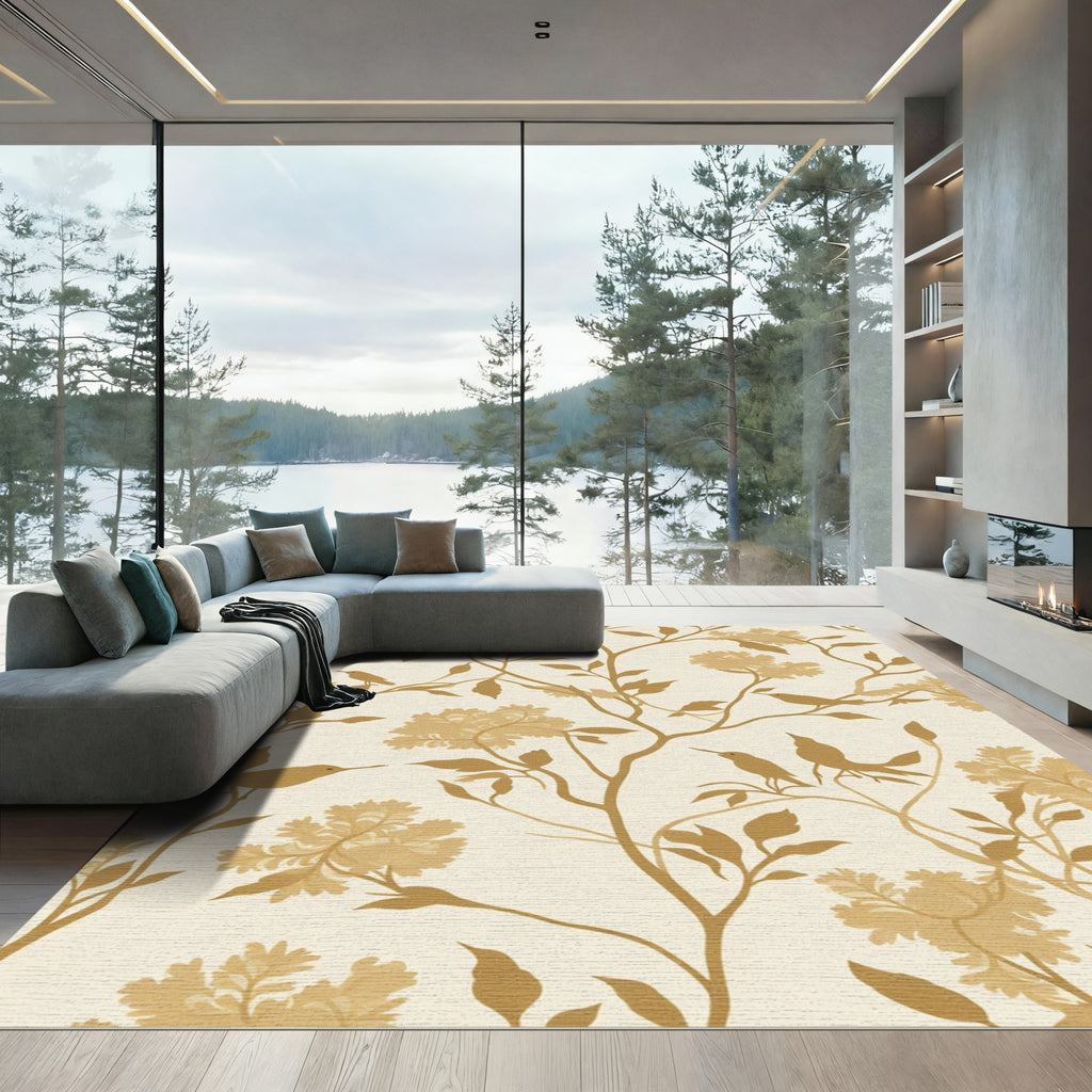 Golden Bird and Blossom Branches Rug