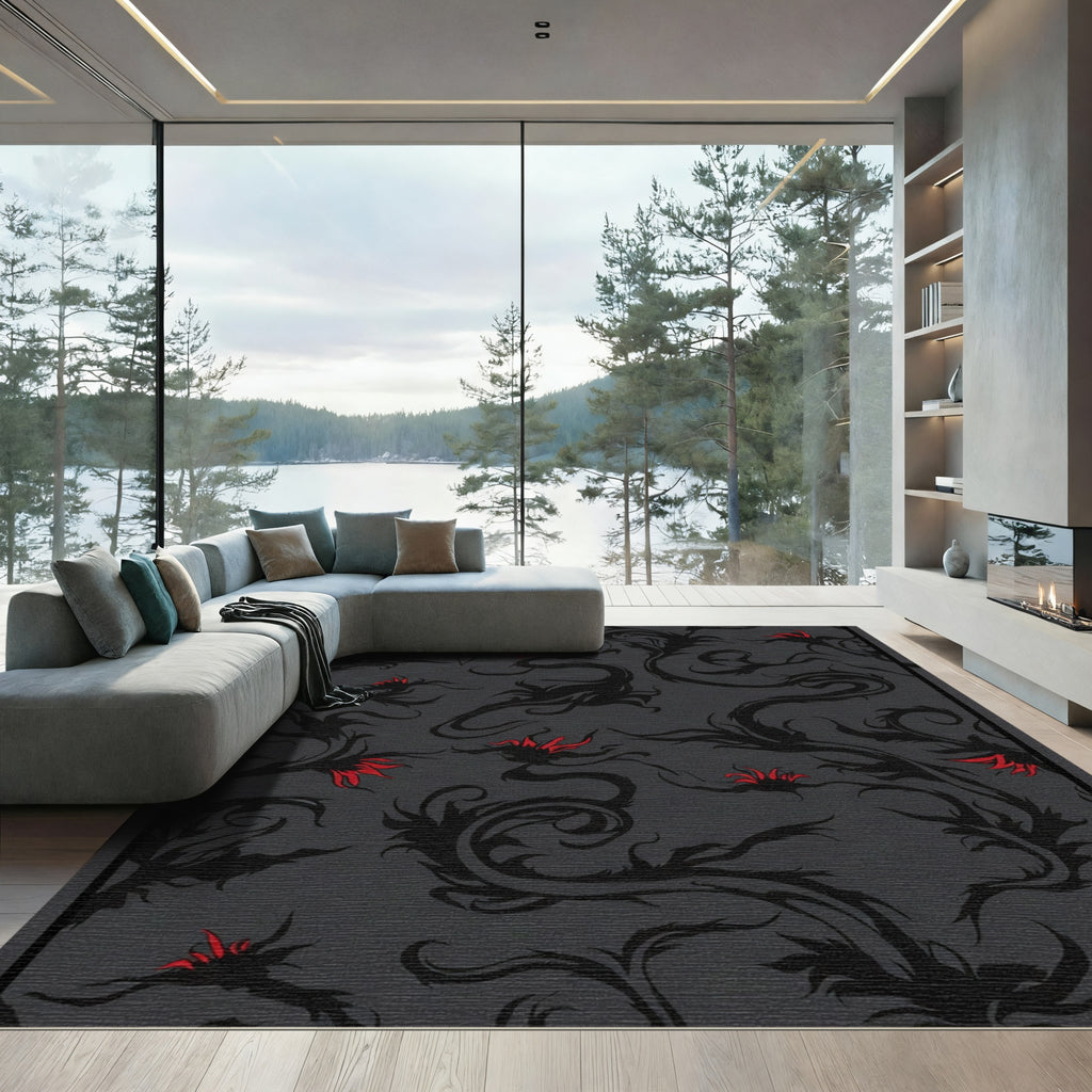 Dark Floral Vines Red Accents Rug