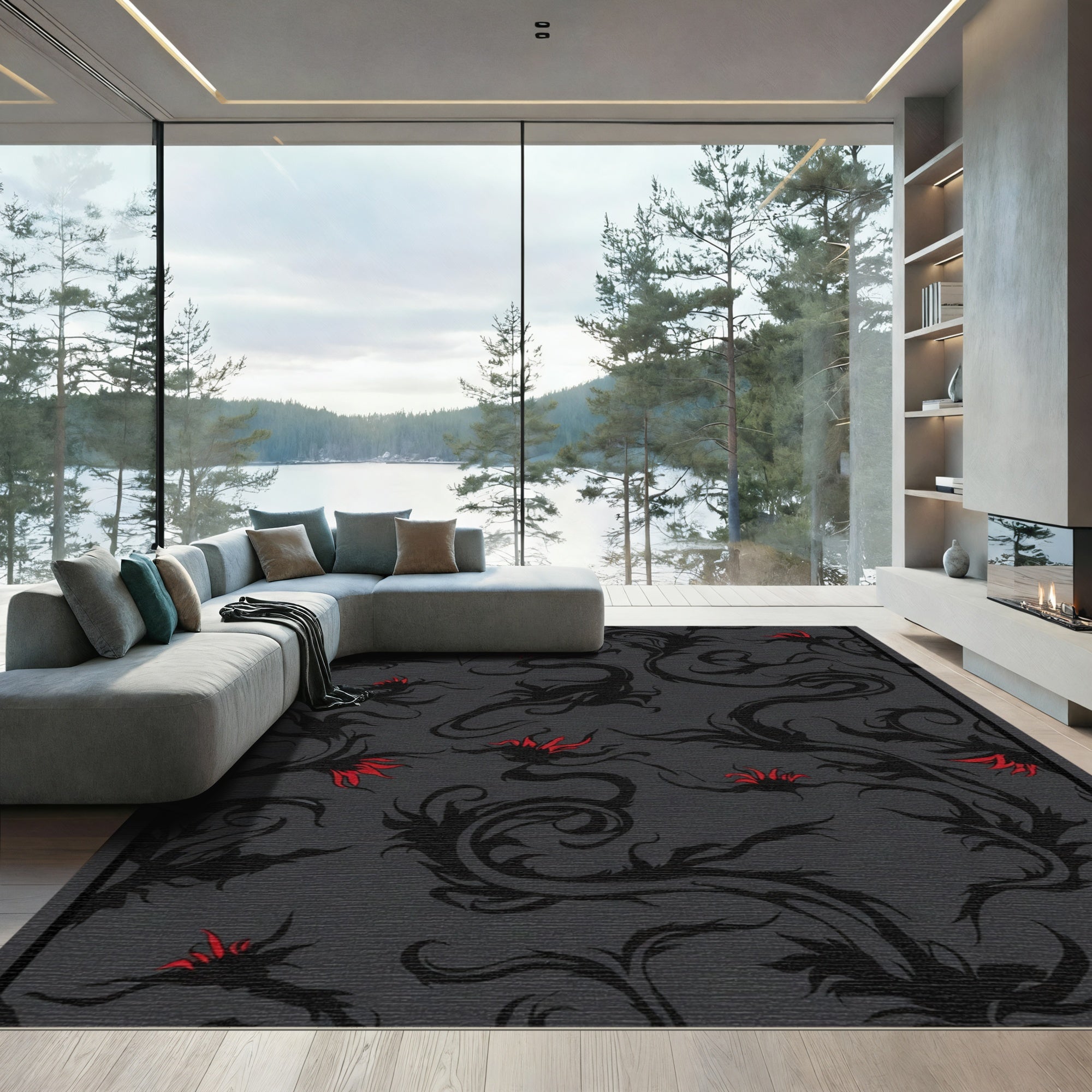 Dark Floral Vines Red Accents Rug