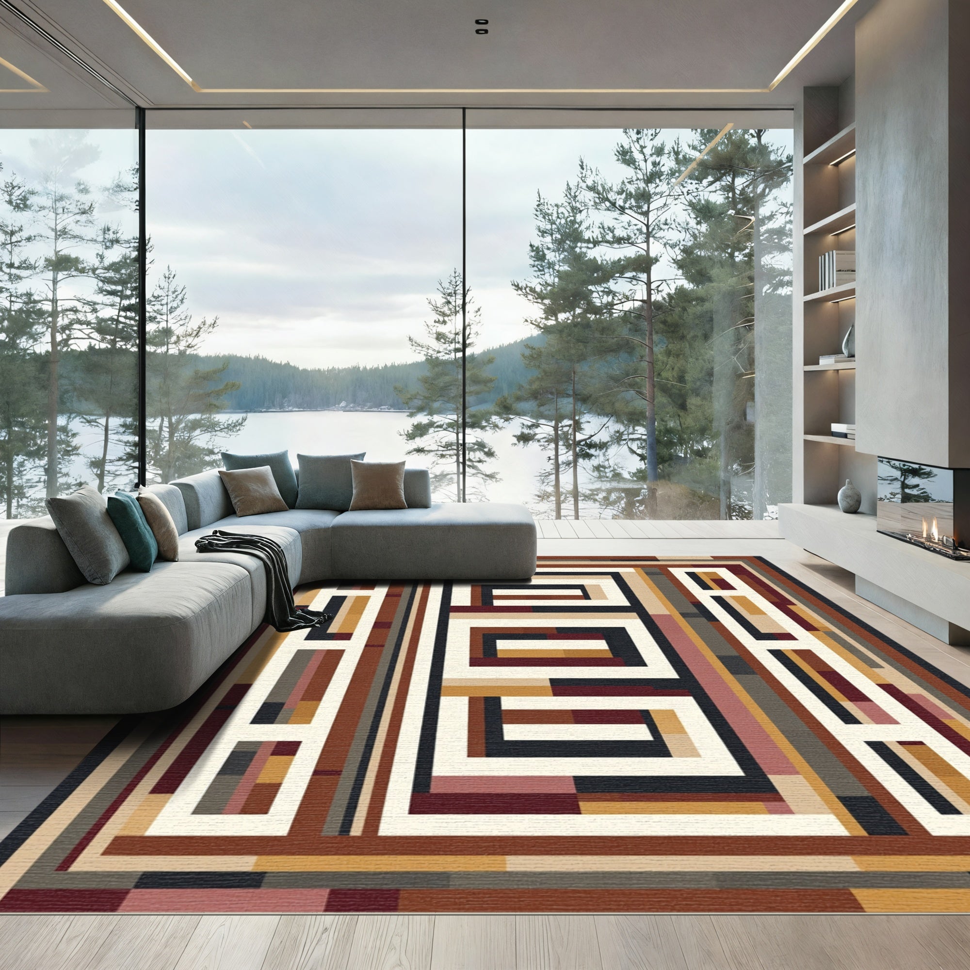 Earthy Geometric Rectangle Maze Rug