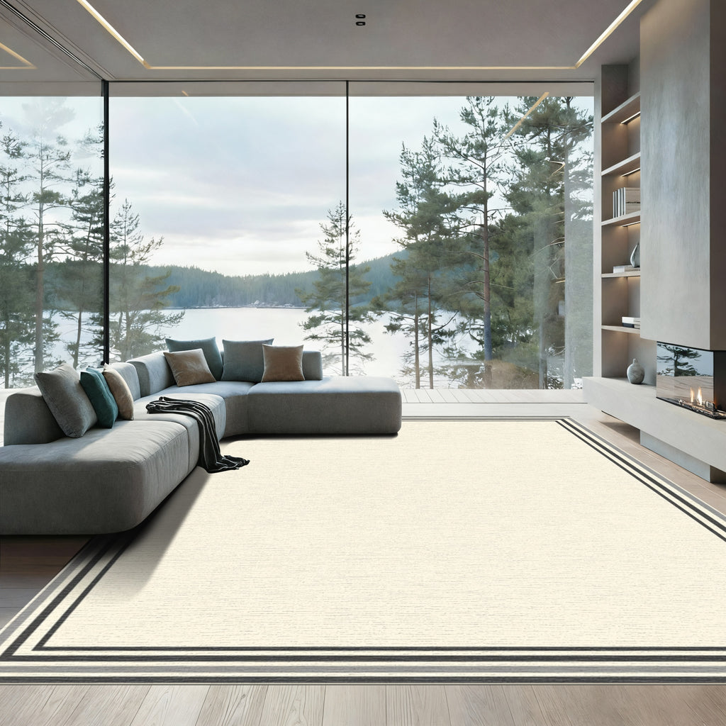 Cream and Charcoal Bordered Squares Rug