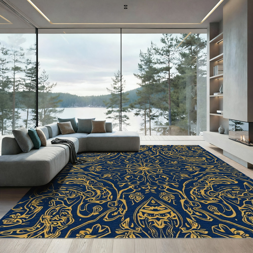 Ornate Gold Blue Symmetrical Scrollwork Rug