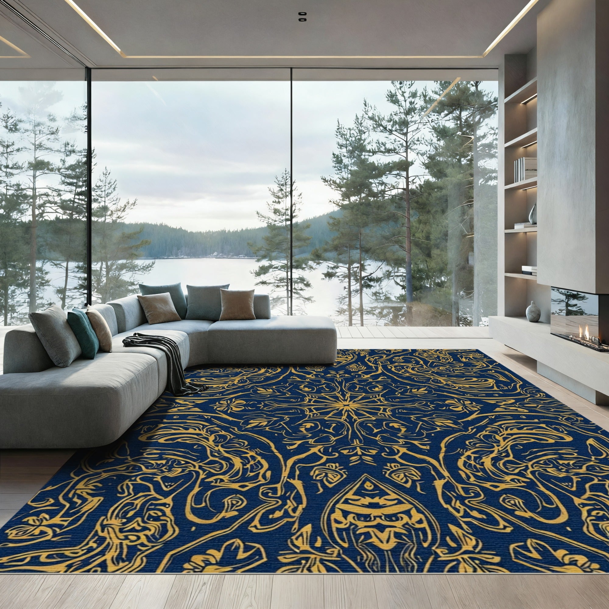 Ornate Gold Blue Symmetrical Scrollwork Rug