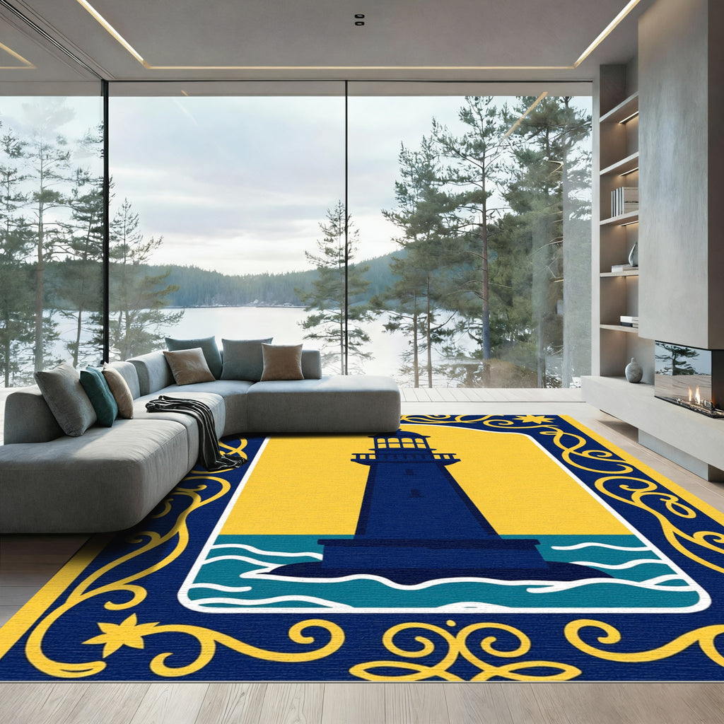 Navy Lighthouse Yellow Swirls Border Rug