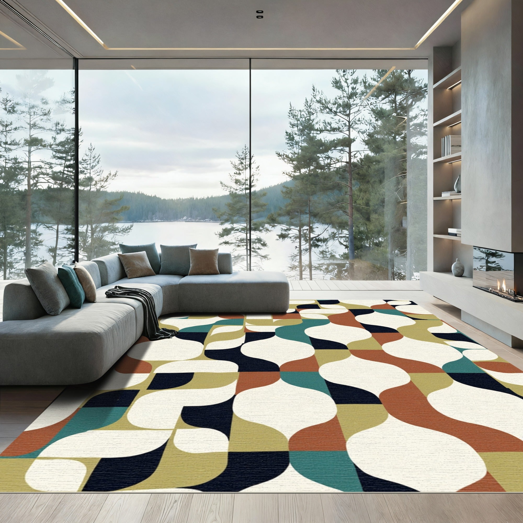 Terracotta Teal Geometric Mid-century Modern Rug