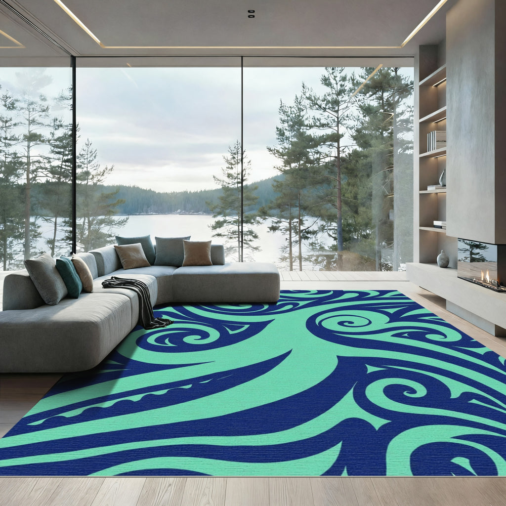 Deep Blue Swirling Aqua Abstract Rug
