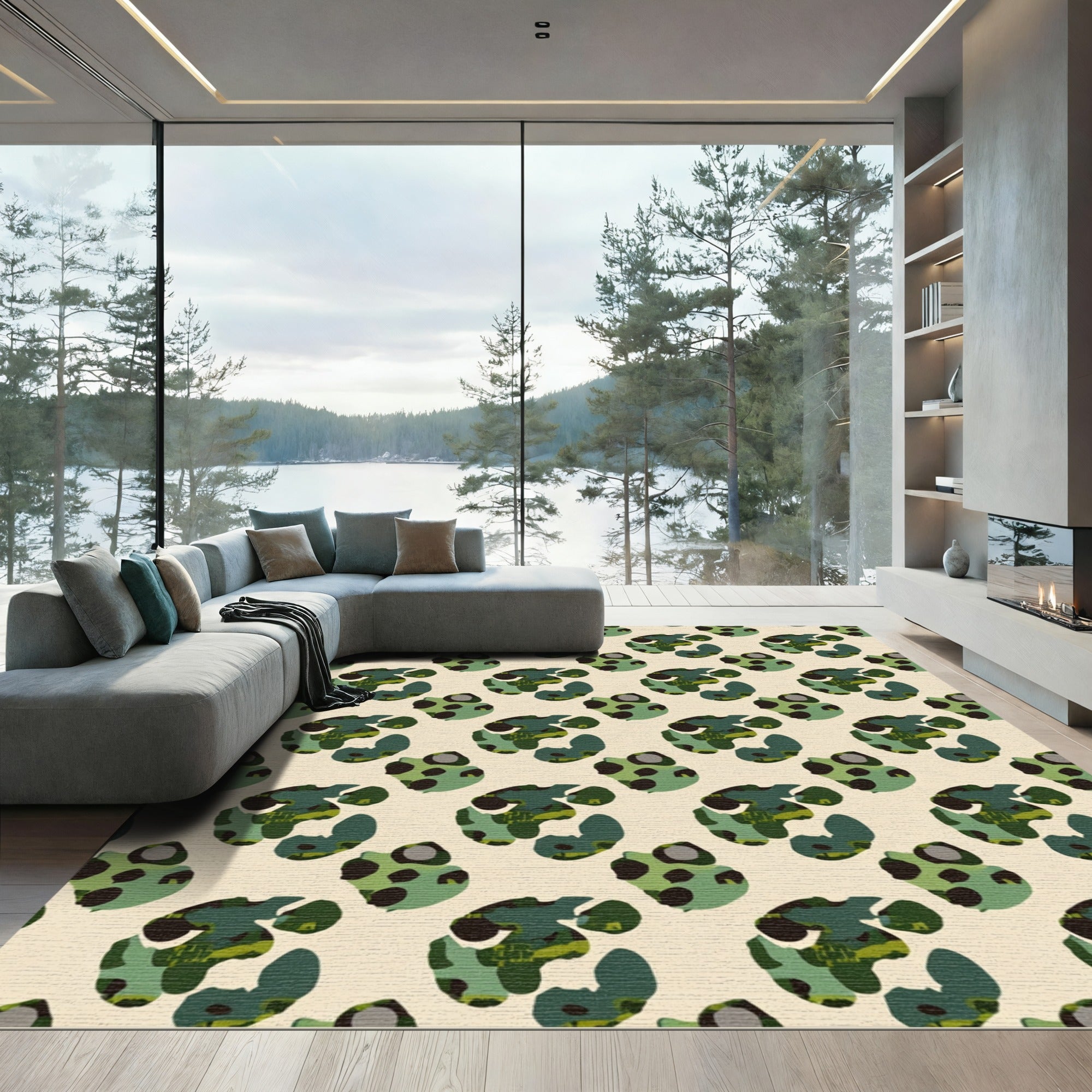 Green Woodland Camouflage Shapes Rug