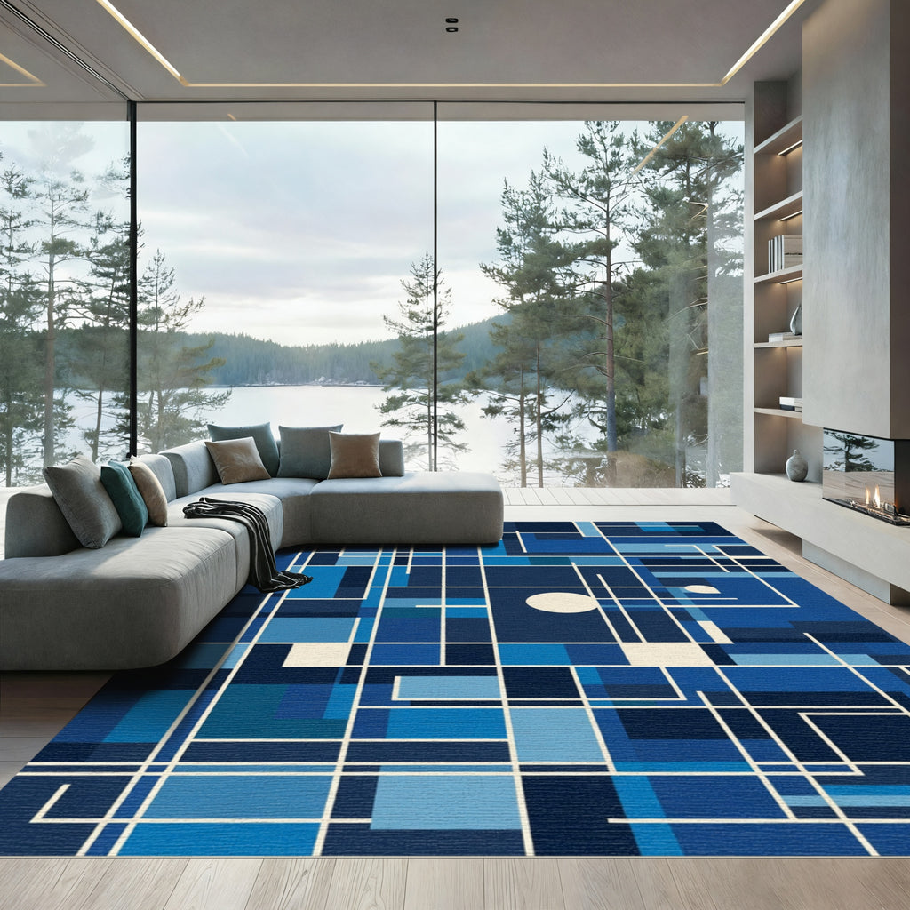 Deep Blue Geometric Grid Composition Rug
