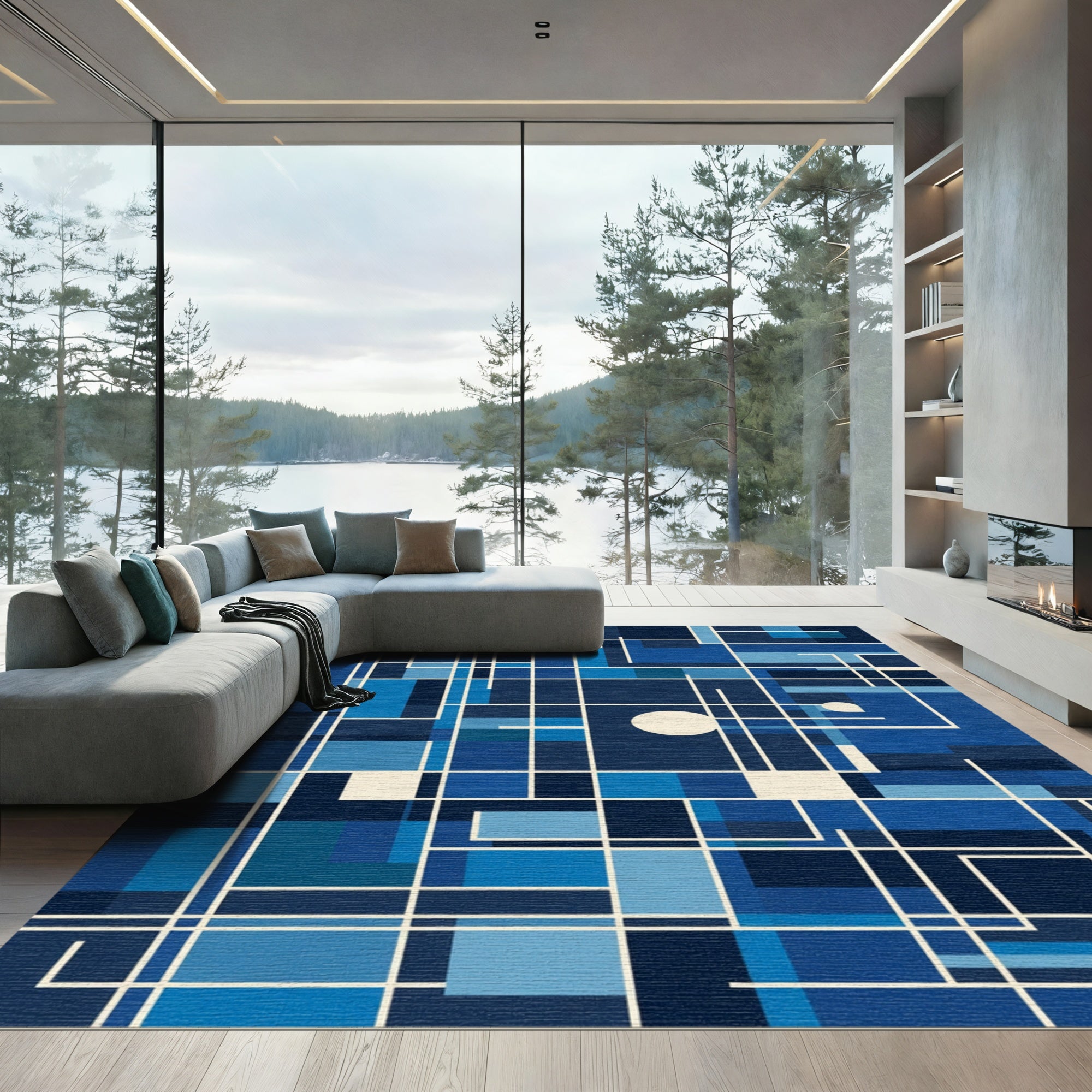 Deep Blue Geometric Grid Composition Rug