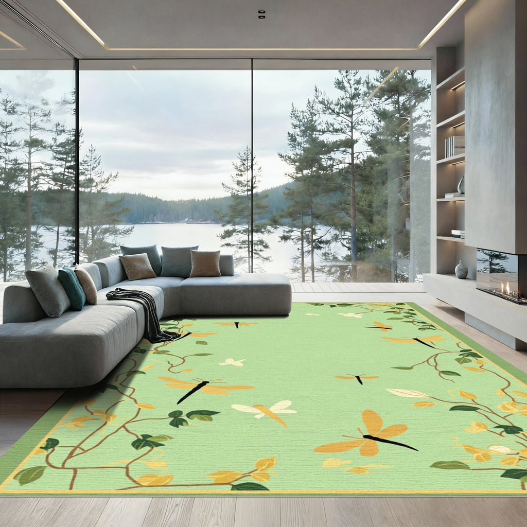 Golden Dragonflies Green Garden Whimsy Rug