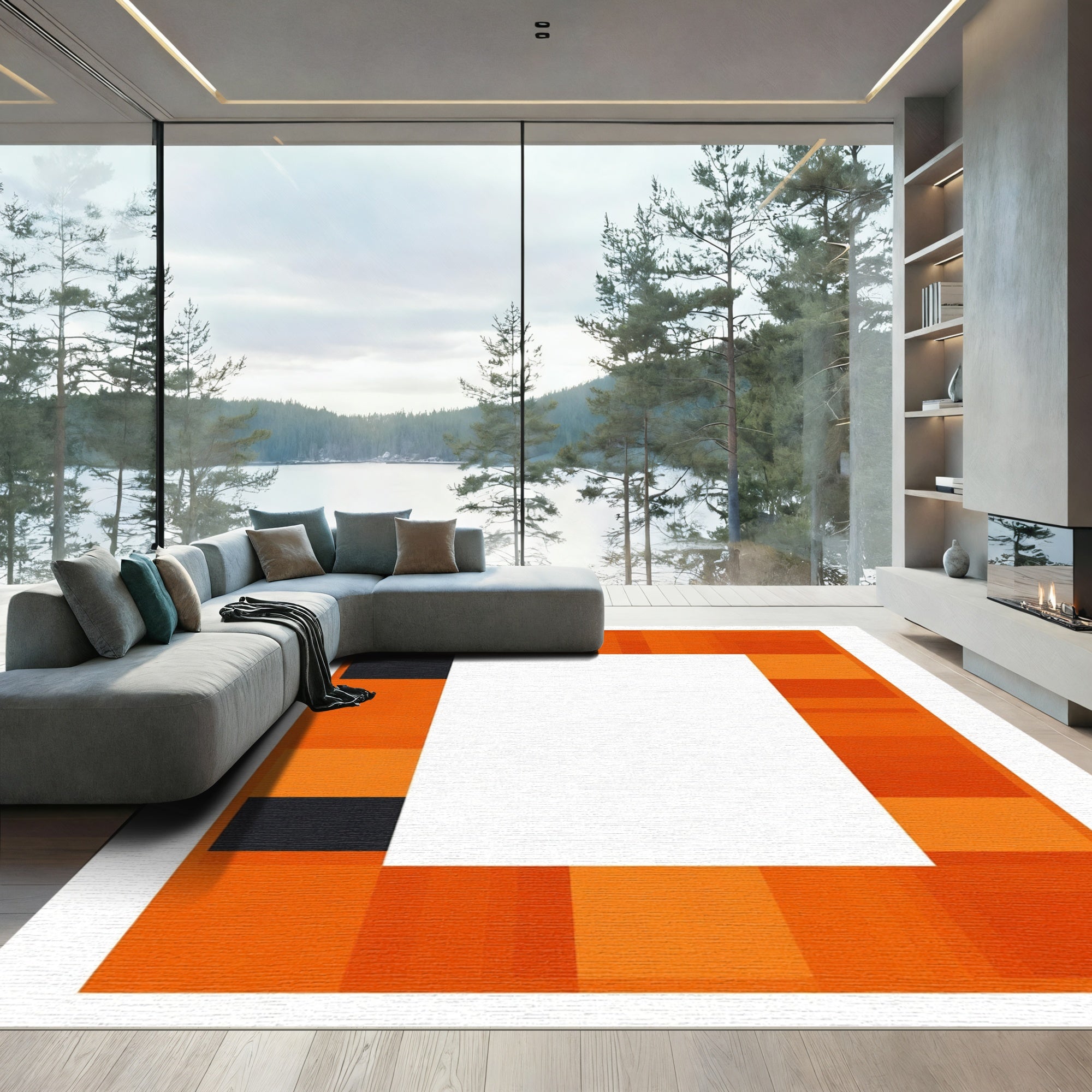Bold Orange Black Pixelated Frame Rug