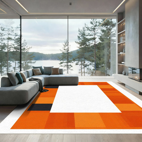 Bold Orange Black Pixelated Frame Rug