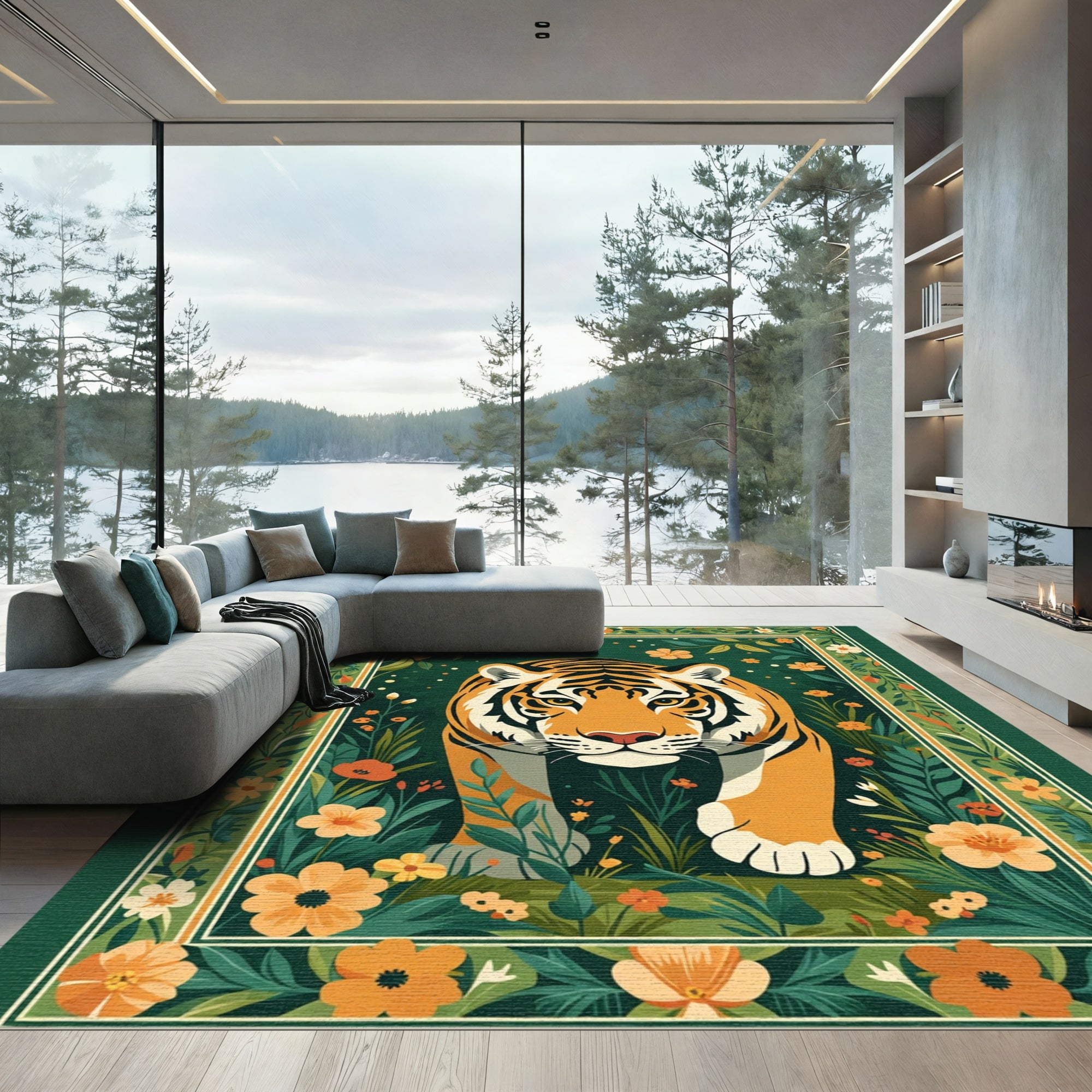 Vibrant Tiger In Lush Floral Garden Rug