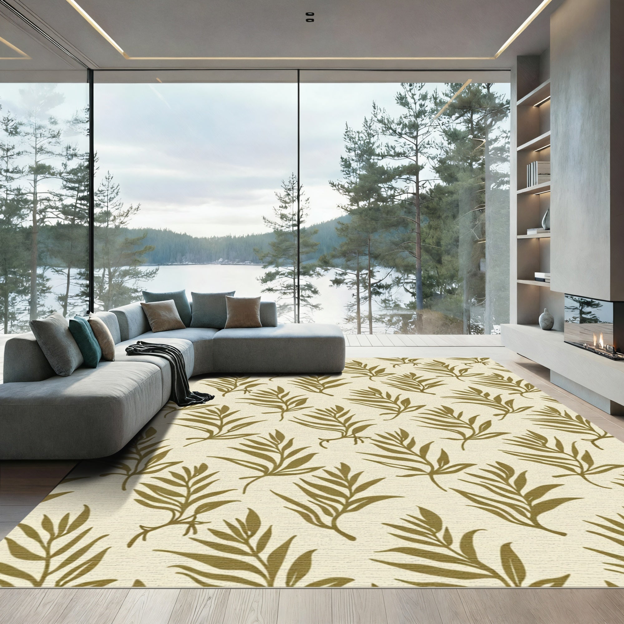 Olive Green Leafy Branch Pattern Rug