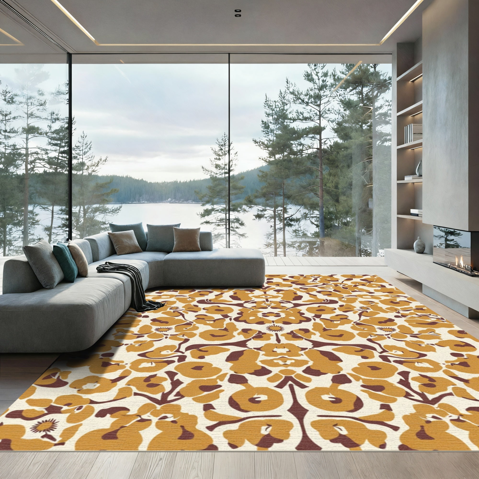 Golden Brown Floral Symmetry Rug
