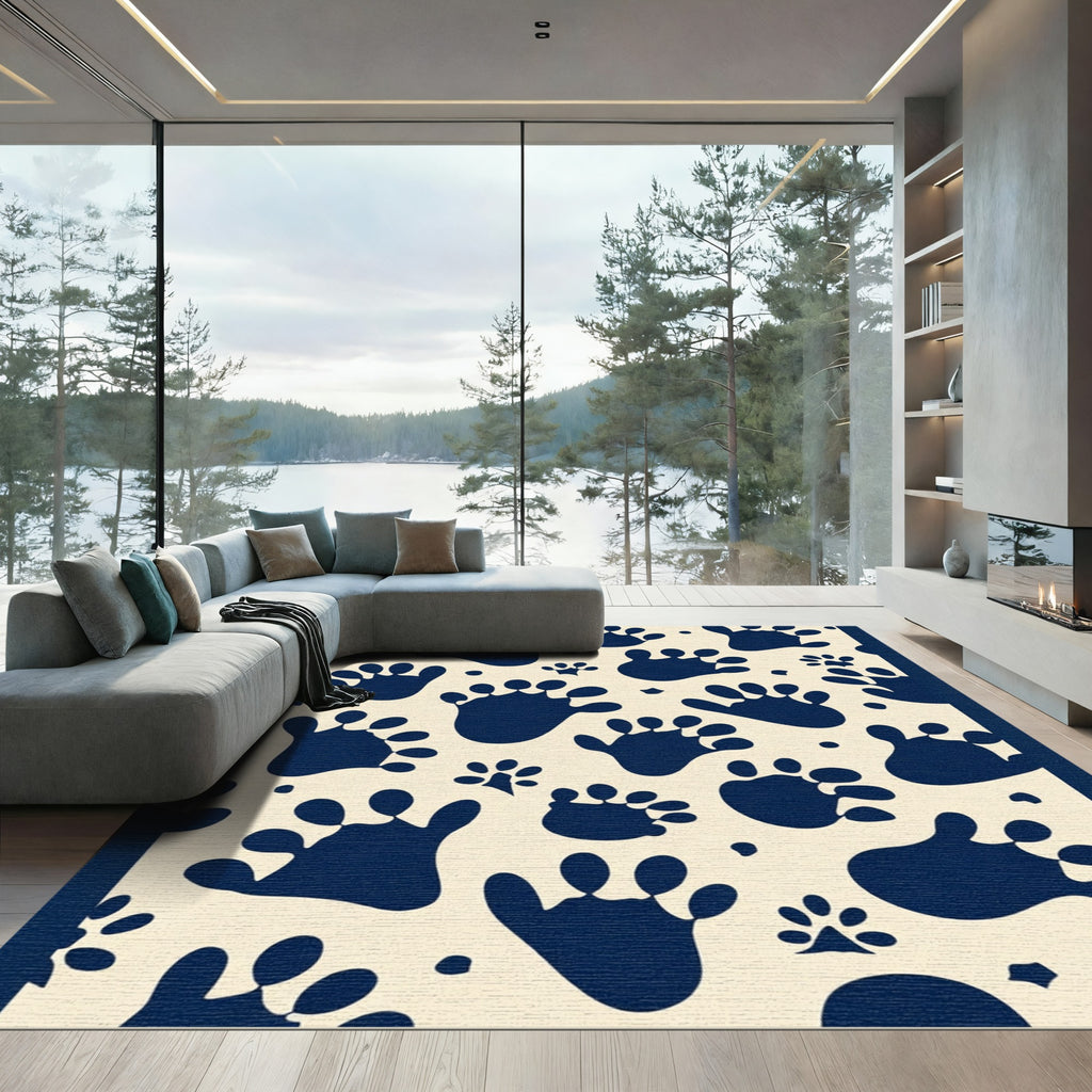 Navy Blue Paw Print Pattern Rug