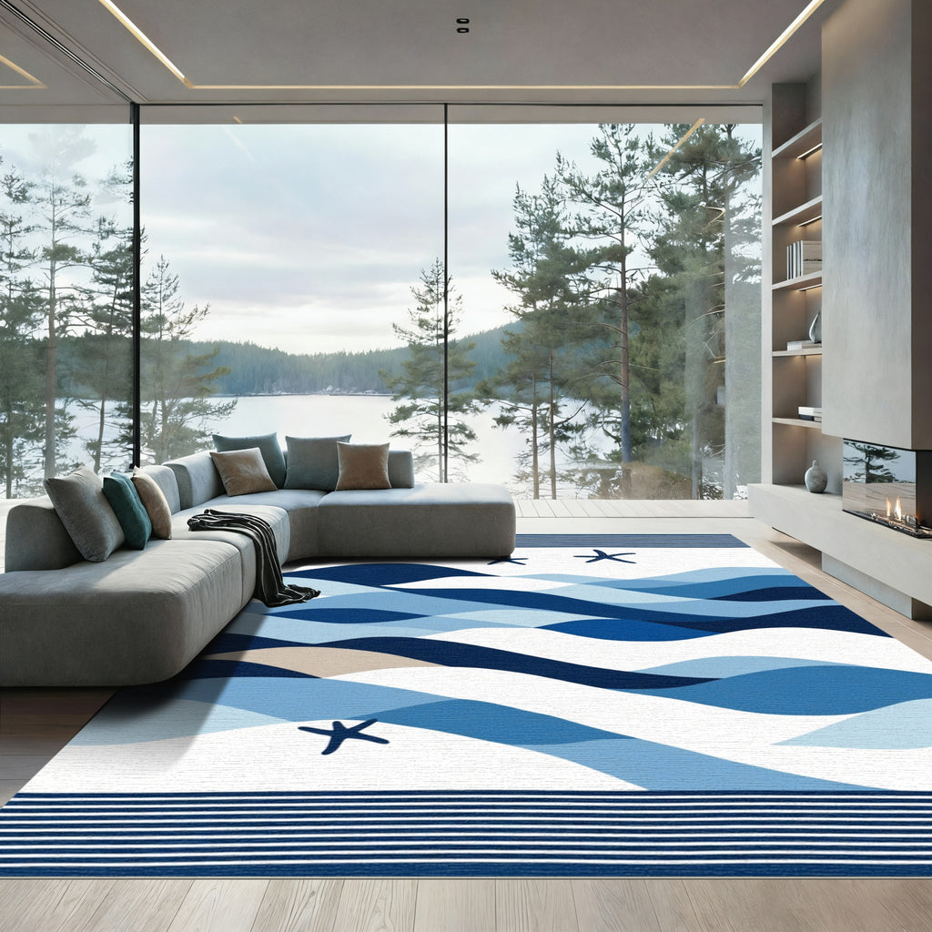 Dazzling Blue Wave Starfish Border Rug