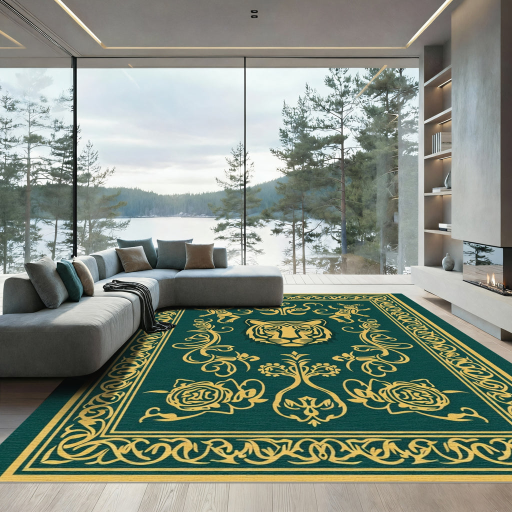 Emerald Green Gold Tiger Motif Rug
