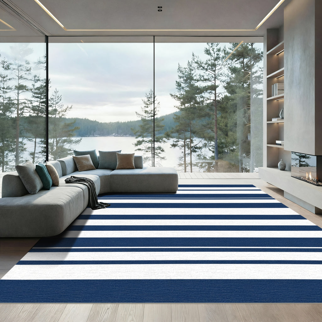 Navy Blue White Horizontal Stripe Rug