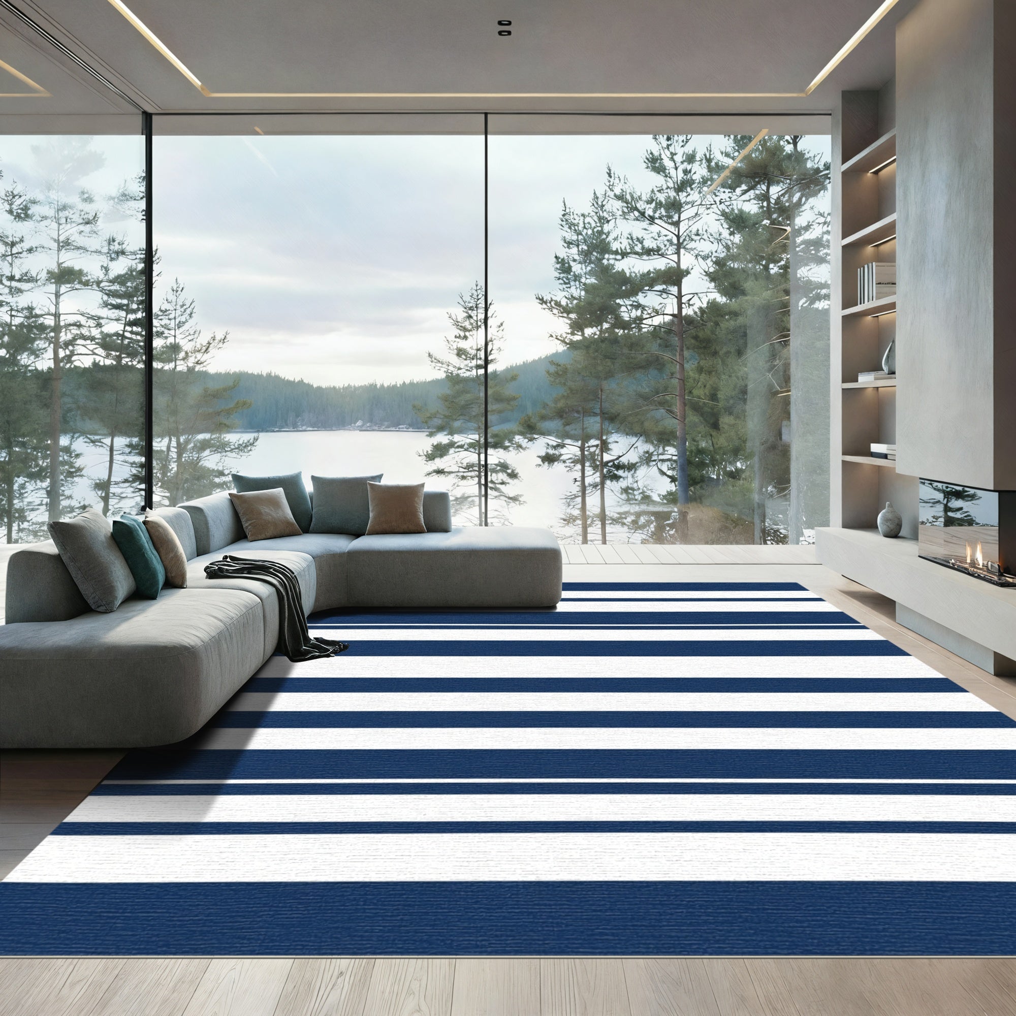 Navy Blue White Horizontal Stripe Rug