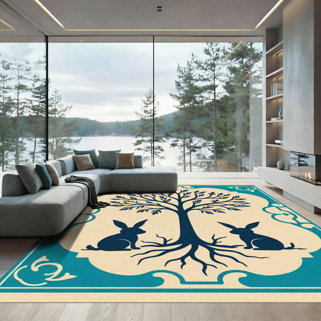 Navy Blue Tree With Rabbits Border Rug