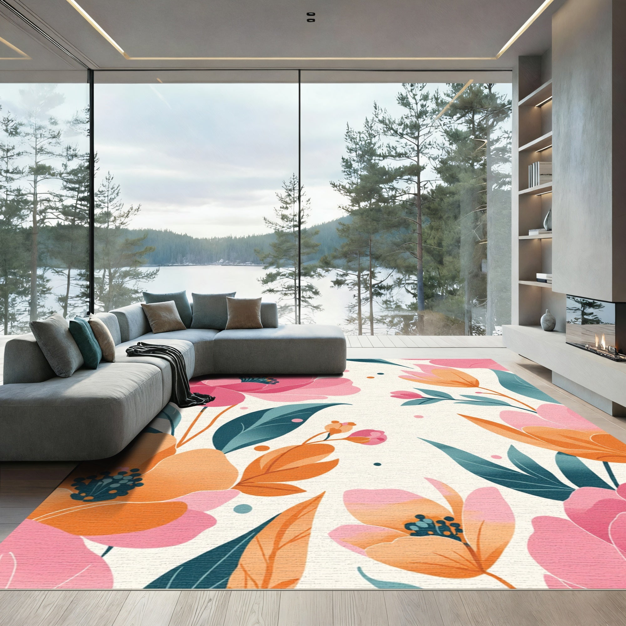 Vibrant Pink Orange Floral Watercolor Garden Rug