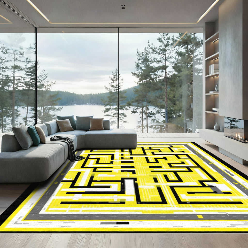 Geometric Yellow Maze Layout Rug